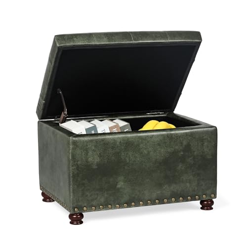 Storage Ottoman Rectangular Tufted Upholstered Ottomans with Rivet, Footrest Footstool Seat with Wood Legs for Living Room Bedroom (Black Green) - color: Black Green