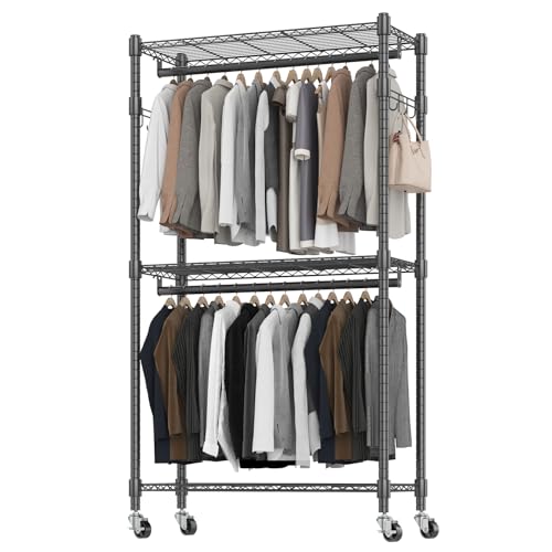 BATHWA Rolling Tall Garment Rack with 2 Rods & 3-Tier Adjustable Shelves, 35.5" W x 16.5" D x 80.7" H, Heavy Duty Clothes Hanging Racks Portable Wardrobe Closet Organizer for Bedroom, Laundry, Black - color: Black, size: Standard