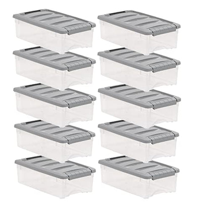 Amazon Basics Plastic Storage Containers with Secure Latching Lids, Stackable Organization Bins, Clear/Grey, 5 Quart, Set of 10