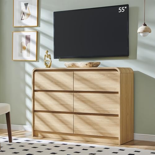 Aitjunz Modern 6 Drawers Dresser for Bedroom, 47" Wide Wood Dressers & Chests of Drawers w/Curved Profile Design, Mid Century Modern Dresser w/Natural Texture for Bedroom, Living Room, Natural Oak - color: Natural, size: 15.5"D x 47.2"W x 33.9"H (6 Drawer