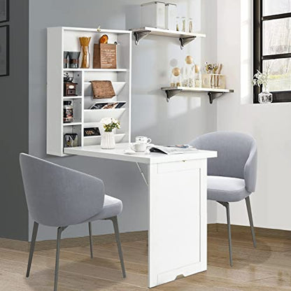 GOFLAME Wall Mounted Folding Desk, 3-Tier Tilt Storage Partition With Adjustable Shelves, Space-Saving Floating Laptop Desk, Convertible Writing Table for Home Office, White - color: White