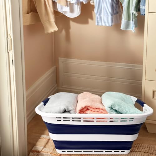 SAMMART 42L (11 Gallons) Collapsible Plastic Laundry Basket - Foldable Pop Up Storage Container/Organizer - Portable Washing Tub - Space Saving Hamper/Basket [BPA Free] (White/Starry Blue (Set of 2)) - color: White/Starry Blue (Set of 2)