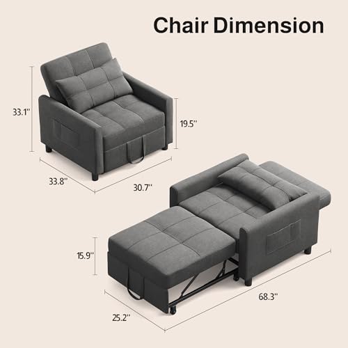 Convertible Sofa Chair Bed, 3-in-1 Linen Pull Out Chair, Dark Gray | Multi-Functional Sleeper Chair Bed;Adjustable Backrest Recliner;Modern Linen Fabric, Living Room/Apartment/Small Space - color: Dark Gray