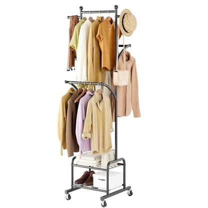 Rolling Clothes Rack with 2 Shelves, Small Metal Clothing Rack with Wheels | Gasvadivum 71" Tall Sturdy Garment Rack with 3 Hanging Rods, Freestanding Portable Coat Rack for Bedroom, Entryway, Black - color: Black