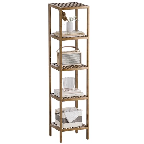 SMIBUY Bathroom Storage Shelf, 5-Tier Bamboo Rack Organizer, Multifunctional Shelving Unit for Living Room Bedroom Kitchen (Walnut) - color: Walnut, size: 5 Tier