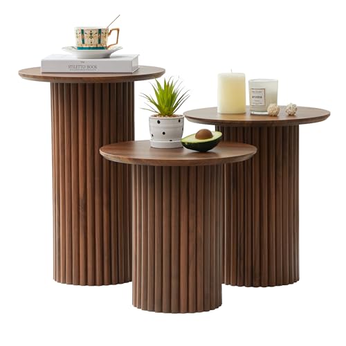 Bifins Walnut Round Nesting Coffee Table Set of 3 | Coffee and End Table Set,Fluted,Nesting Side Table,Drink Table,End Table,Plant Stand,Brown,Mid Century Modern,Nested - color: Walnut