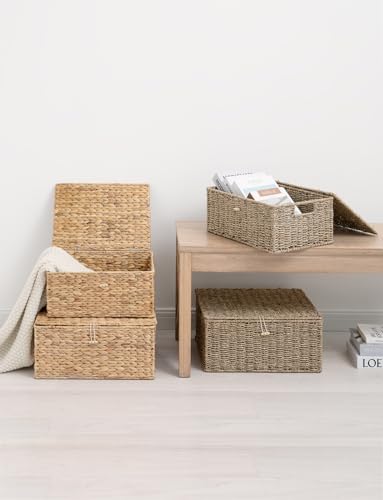 StorageWorks Wicker Basket with Lid, Baskets for Shelves, Seagrass | Woven Baskets with Lids for Shelves, Wicker Storage Baskets with Lids, Decorative Box, Lidded Baskets for Organizing, 1 Pack - color: Natural(Seagrass), size: 15"L × 11"W × 7"H