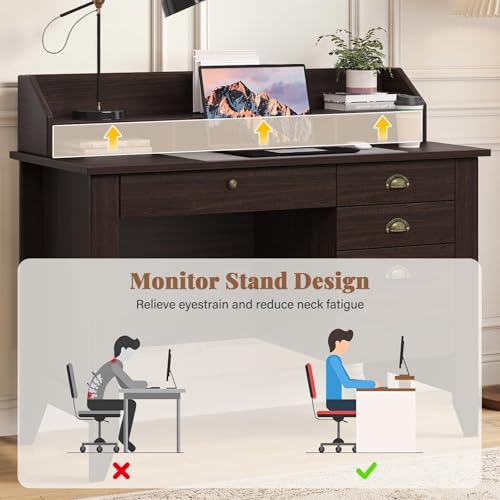 4 EVER WINNER Small Desk with Drawers, Office Desk with File Drawer and Monitor Stand, Writing Desk Study Table for Small Spaces, Espresso - color: Espresso