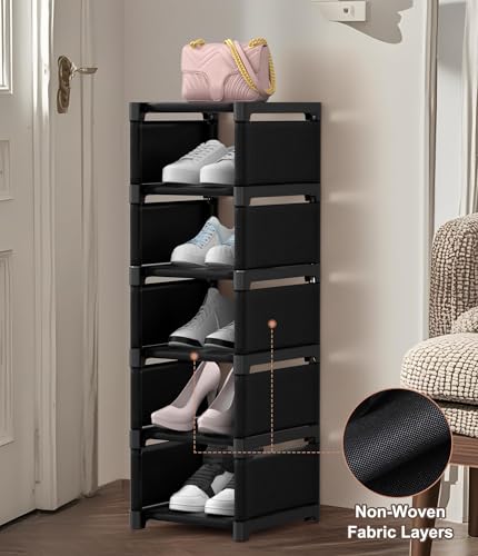 6-Tier Narrow Shoe Rack, Vertical Small Space Shoe Organizer, 9.84" Compact Slim Shoe Shelf for Closet & Entryway, Sturdy & Tool-Free Assembly, Adjustable Height for Boots - size: 6-Tier