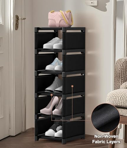 6-Tier Narrow Shoe Rack, Vertical Small Space Shoe Organizer, 9.84" Compact Slim Shoe Shelf for Closet & Entryway, Sturdy & Tool-Free Assembly, Adjustable Height for Boots - size: 6-Tier