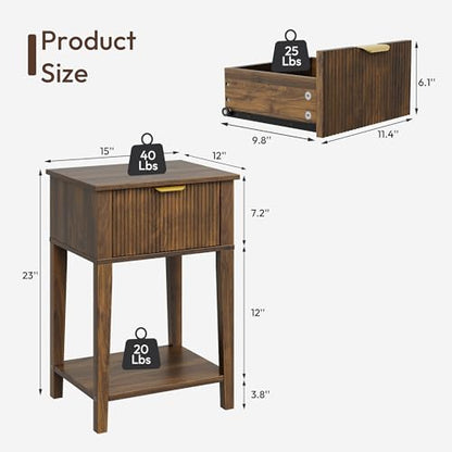 FuniXpress Small Nightstand, 15" Wide, Drawer and Shelf, Dark Walnut Fluted | Deep walnut tone, clean fluted front, 11.8-inch slim depth, smart storage, fits bedside, sofa side, or small spaces - color: Dark Walnut
