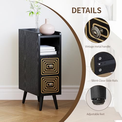 Nightstands Set of 2,Night Stand Bed Side Table with Storage Space,Wooden Bedside Table with Open Shelf,2 Drawers,End Table with Solid Wood Feet for Bedroom,College Dorm,Entryway (Black) - color: Black