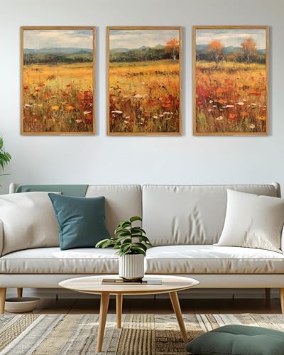 UPWOIGH Autumn Meadow Framed Wall Art, 16 x 24 Inch, Set of 3 | Golden Wildflower Meadow Prints, Warm Autumn Landscape Design, Light Wood Frames for Living Room, Dining Room and Office - color: Gold Autumn, size: 24"L x 16"W