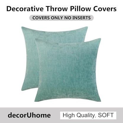 decorUhome Chenille Aqua Haze Throw Pillow Covers 18x18 Inch Set of 2, Decorative Soft Couch Pillow Covers Solid Dyed Accent Velvet Farmhouse Neutral Square Pillow Cases for Sofa Bed Living Room | Decorative Fall Couch Pillow Covers Solid Dyed Accent Mode