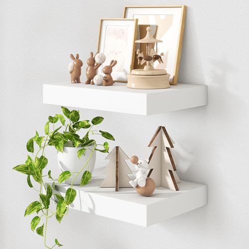 12 Inch Deep Floating Shelves, 16 Inch White Wall Shelves Set of 2 | Invisible Brackets, Engineered Wood, Mounting Hardware Included, 35LBS, Bathroom, Laundry Room, Kitchen, Living Room - color: White, size: 16W x 11.6D x 2H, 2 Pack