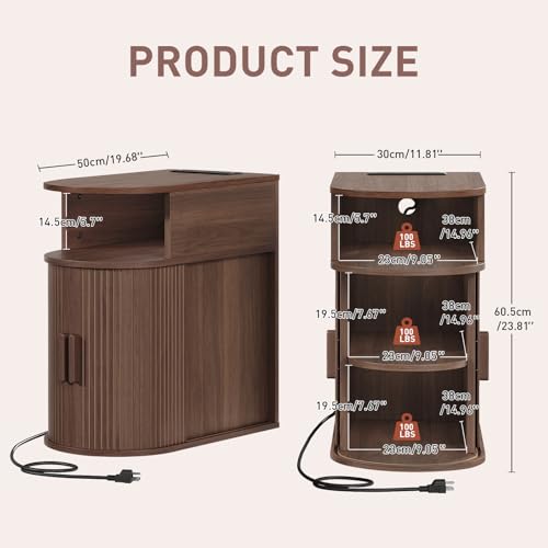 Narrow End Table with Charging Station, Fluted Sofa Side Table with Sliding Curved Door and Storage Shelf, Mid-Century Bedside Table, Modern Nightstand for Living Room, Bedroom, Walnut - color: Walnut