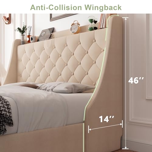 Feonase King Size Bed Frame with 4 Storage Drawers, Upholstered Storage Bed with Charging Station, Tufted Wingback Headboard, No Box Spring Needed, Beige - color: Beige, size: King