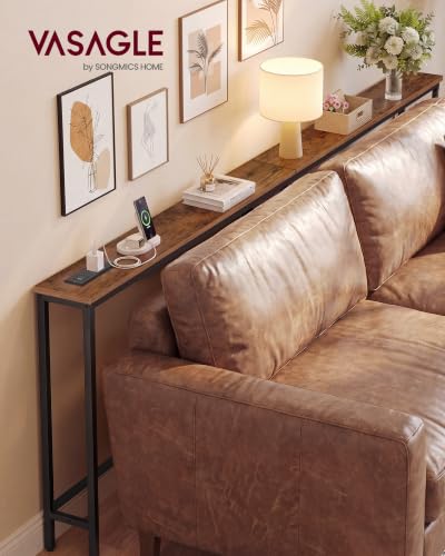 VASAGLE 78.8" Console Table, Narrow Behind Couch Table with Outlet | Sofa Tables with 2 Hooks, for Entryway, Living Room, Easy Assembly, Rustic Brown and Ink Black, BARNET Collection ULNT077K101 - color: Rustic Brown + Ink Black, size: 1 Tier (5.9"D x 78.