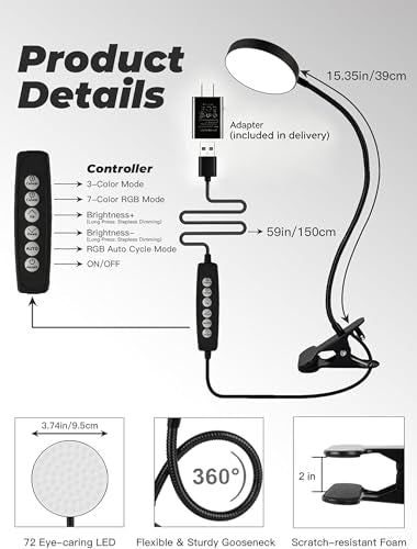 Clip on Light,10 RGB Colors+10 Brightness Small Desk Lamp with Clamp Light | 500 lm Bright 72 LED Desk Light, USB Adapter Reading Lights for Books in Bed/Headboard/Bedside Table/Bedroom/Dorm/Home Office - color: Black