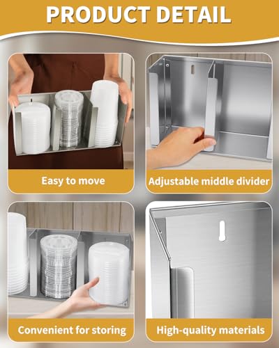 Stainless Steel Cup Dispenser,3 Compartments Cup Holder and Lid Holder with Adjustable Dividers,Cup Organizer for Kitchen Cabinets Cafe Shop Restaurant,Includes Straw Holder - size: 3 Compartments