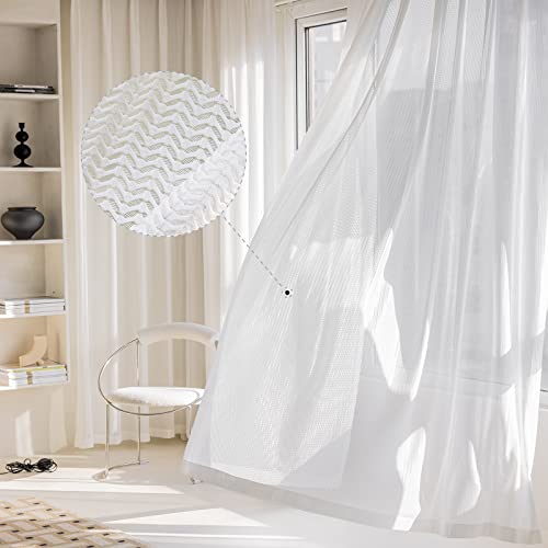 2 Panels Set Sheer Curtains 84 inch Length White 52" W x 84" L | Jacquard Semi Sheer Grommet Solid Casual Soft Voile Drapes with Light Filter window treatments for bedroom living room - color: White, size: 52"W x 84"L (Pack of 2)