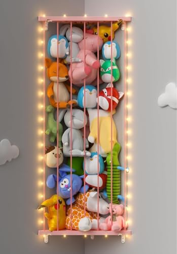 Stuffed Animal Storage Shelf Organizer(Patented) - Corner Stuffed Animal Holder Length Adjustable - Wall Plush Storage for Nursery Playroom Bedroom Kids Room (Pink+Light, Standard) - color: Pink+light, size: Standard