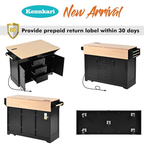 Rolling Kitchen Island with 2 Drop Leaf and Power Outlet, Island Table on Wheels with Towel Rack and Spice Rack, Kitchen Cart with Storage Cabinet and Drawers (Black) - color: Black