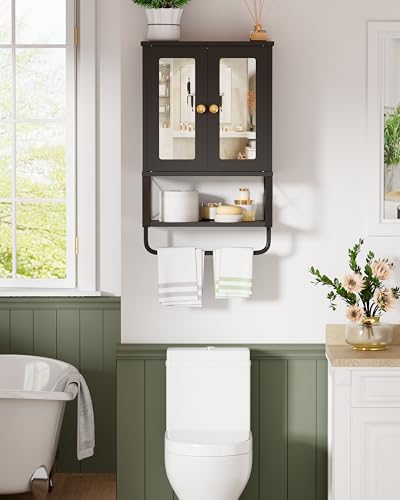 BEWISHOME Bathroom Medicine Cabinet Mirror with Towel Bar, Black | Wall Mounted Cabinet with Adjustable Shelf Hooks, Space-Saving Over-Toilet for Bathroom, Living Room, 7.1x15.4x24.4 Inches - color: Black