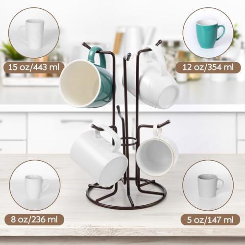 HULISEN Mug Tree for Large Cups, 6 Hook Countertop Coffee Mug Holder, Brown | Cup Rack for Counter, Stable Wide Base, Metal Stand for Kitchen Coffee Bar Display, Space-Saving, No Assembly Required - color: Brown