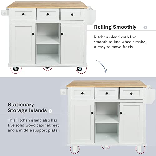 Kitchen Island, Rolling Kitchen Cart with Drop Leaf Top | Drop leaf countertop expands prep and serving space, folds down to save room in compact kitchens or dining areas - color: White + Mdf + Rubber Wood