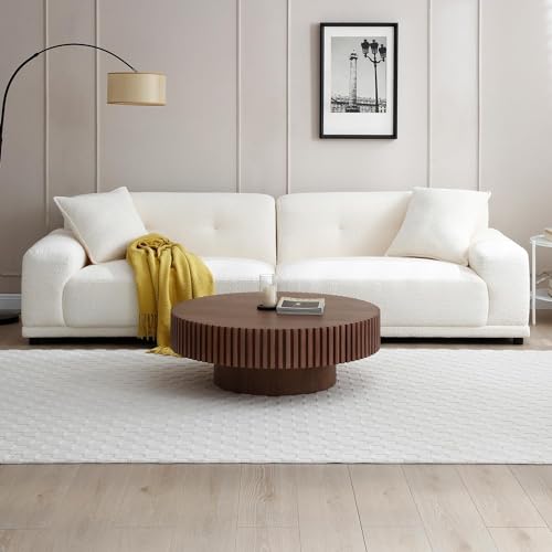 39.37'' Round Coffee Table for Living Room, Modern Wood Nesting Coffee Table Handcraft Circle Fluted Drum Coffee Table, Easy Assembly - color: Walnut, size: 39.37"x23.62"x13.42"