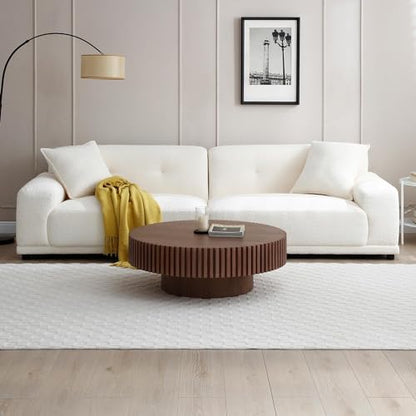 39.37'' Round Coffee Table for Living Room, Modern Wood Nesting Coffee Table Handcraft Circle Fluted Drum Coffee Table, Easy Assembly - color: Walnut, size: 39.37"x23.62"x13.42"