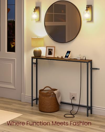 VASAGLE 39.4" Console Table, Narrow Behind Couch Table with Outlet | Sofa Table with 1 Hook, for Entryway, Living Room, Easy Assembly, Rustic Brown and Ink Black, BARNET Collection ULNT079K01 - color: Rustic Brown + Ink Black, size: 1 Tier (5.9"D x 39.4"W