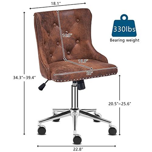 VINGLI Rustic Microfiber Armless Home Office Desk Chair with Silver Base/Wheels, Small Cute Vanity/Makeup Chair with Back for Bedroom, Upholstered Adjustable Rolling Swivel Nail Chair for Women/Girls - color: Rustic-microfiber