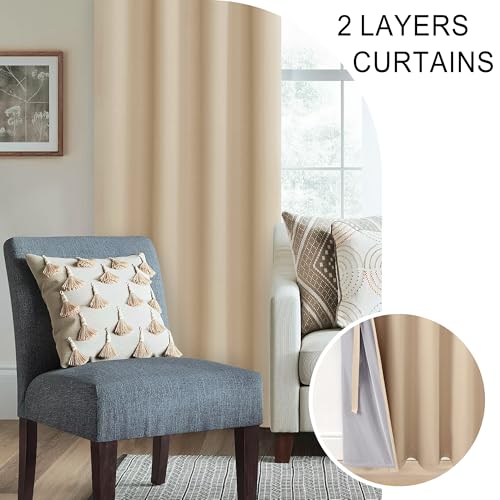 XWZO Complete Blackout Shades Window Curtain Panels with Tiebacks- Noise Reduction and Light Blocking Grommet Curtains with Black Liner for Studio, Basement, Biscotti Beige, W38 x L45, Set of 2 - color: Biscotti Beige, size: 38"W x 45"L (Pack of 2)