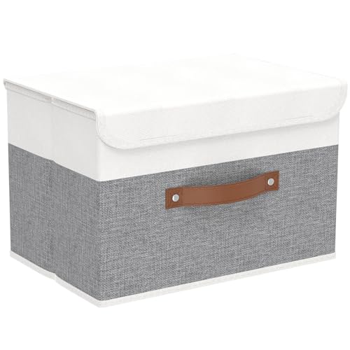 Yawinhe Storage Bins with Lids,White/Grey,17.7x11.8x11.8in,1-Pack | Fabric Container with Leather Handle,Washable Home Basket, Clothes Blanket Storage Boxes,Collapsible Closet Organizer - color: White/Grey, size: XL/(1 Pack)