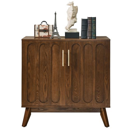 Small Sideboard Buffet,Mid Century Modern Storage Cabinet with Doors | Real Wood Veneer Credenza Storage Cabinet,Living Room Accent Cabinet,Small Walnut Sideboard Buffet,Boho Bar Cabinet - color: Walnut