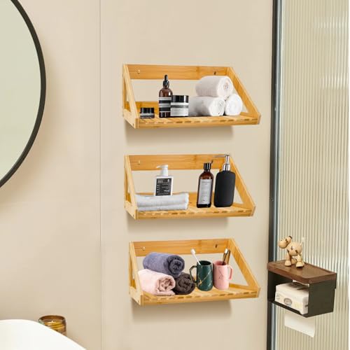 Floating Shelves Wall Mounted 3 Pcs Bamboo Wall Hanging Rack Holder | Wall Hanging Rack Holder, Wall Storage Shelves, For Bedroom, Living Room, Bathroom, Kitchen, Office Decor