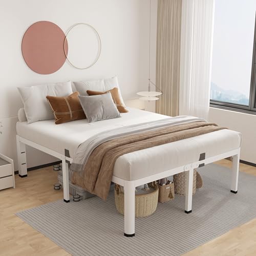 ROIL 18 Inch White Queen Bed Frame with Rounded Corner & 4 Mattress Baffles | Easy Assembly, Noise Free, 3500LBS Load Capacity, No Box Spring Needed, 16.4" Storage Space, Headboard Hole, Heavy Duty Steel - size: Queen, style: 18 Inch White