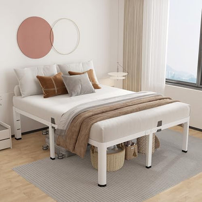 ROIL 18 Inch White Queen Bed Frame with Rounded Corner & 4 Mattress Baffles | Easy Assembly, Noise Free, 3500LBS Load Capacity, No Box Spring Needed, 16.4" Storage Space, Headboard Hole, Heavy Duty Steel - size: Queen, style: 18 Inch White