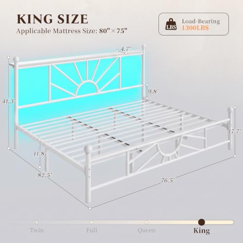 Homkdom King Metal Bed Frame Victorian Headboard & Storage Shelf | Under-Bed Storage for Teens Room & Apartments, Slip Resistant, LED lights, No Box Spring Needed, 1300lbs stability, Black - color: White, size: King (U.S. Standard)