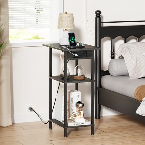 Asgolion Tall End Table with Charging Station, Tall Nightstand with Storage | 30 Inch Tall Side Table, Accent Table Stand, Small Entryway Table, Bedroom Tall Nightstand, Living Room, Office, Carbon Gray - color: Carbon Gray, size: 30"H