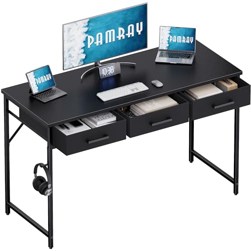 Pamray 47 Inch Small Computer Desk with 3 Drawers for Bedroom Study Writing Home Office Table for Small Spaces Black - color: Black, size: 47 Inch