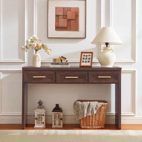RWYHG 47" Entryway Table with 3 Drawers, Modern Wood Console Table, Walnut | Layered Drawer Front Design , Open Bottom Storage, Farmhouse Behind Couch Table, Entry Table for Living Room Hallway& Foyer - color: Walnut