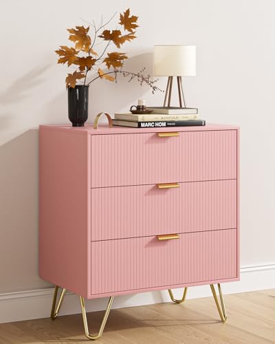 3 Drawer Dresser for Bedroom, 27.6" Modern Storage Dresser, Pink | Modern Chests of Drawers, Small Storage Bedroom Dresser with Gold Handles, Large Fluted Nightstand with 3 Drawers for Bedroom - color: Pink
