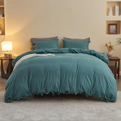 BISELINA 100% Washed Cotton Duvet Cover Set 3pcs with Bowknot Ties Strap Solid Color Linen Like Textured Durable Breathable Soft Comfy Chic Bedding (Queen, Dark Green) - color: Dark Green, size: Queen