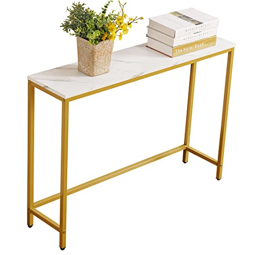 loglus Small Console Table for Entryway, Faux Marble MDF Sofa Table with Golden Frame, Single Layer, White Marble, 9.45" D x 38.19" W x 29.72" H - color: White Marble, style: Single Layer