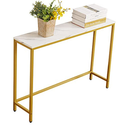 loglus Small Console Table for Entryway, Faux Marble MDF Sofa Table with Golden Frame, Single Layer, White Marble, 9.45" D x 38.19" W x 29.72" H - color: White Marble, style: Single Layer