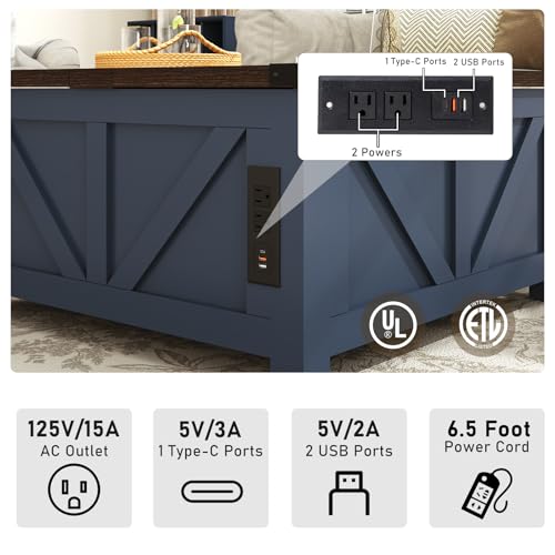 jimeimen Farmhouse Lift Top Coffee Table with Storage, Wood Square Center Table with Charging Station&USB Port, Living Room Table w/Large Hidden Space, for Living Room, Bedroom, Home Office, Blue - color: Blue