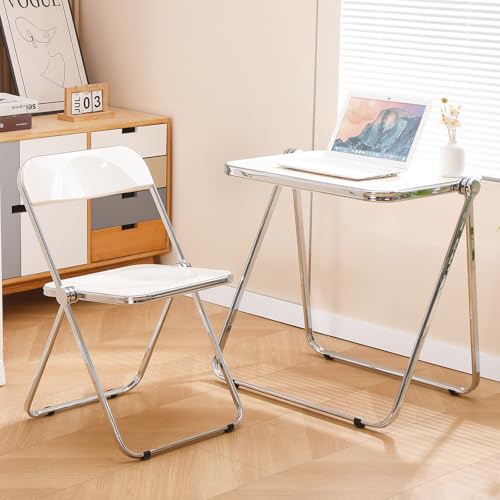 Acrylic Folding Table TV Tray Small Side Table - White | Modern Dinner Table for Eating on Couch Folding Table Foldable Computer Desks Space-Saving with Chrome Frame - color: White
